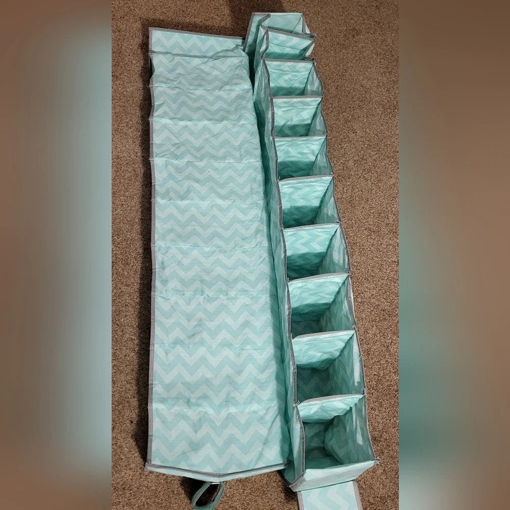 2 Shoe Organizers. Each holds 10 pairs of shoes. Teal and gray